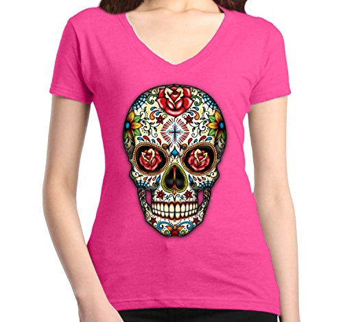 Skull Red Roses Women's V-Neck T-shirt Day of the Dead Shirts