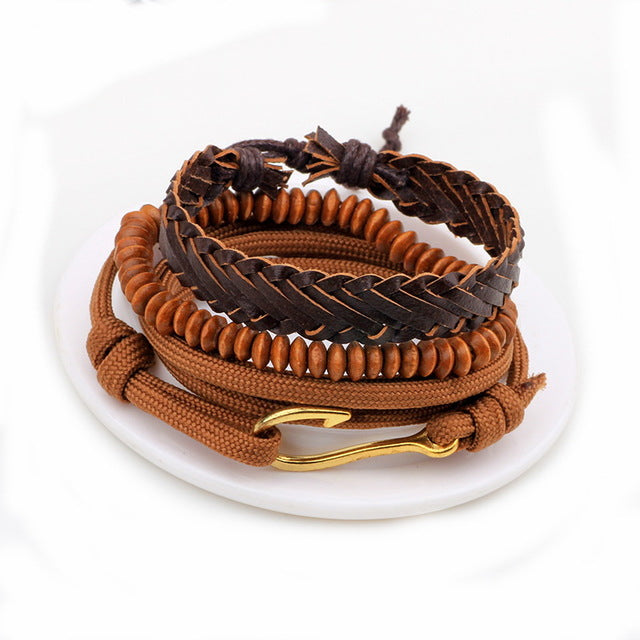 1 Set 4PCS leather bracelet Men's multi-layer bead bracelet women's retro punk casual men's jewelry bracelet jewelry accessories