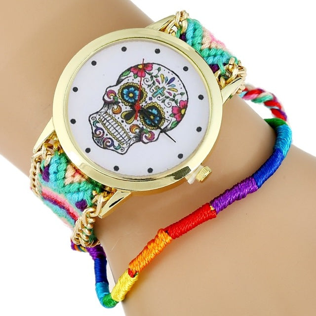 Women Watch Sugar Skull woman dress wristwatch Fashion Hippie Fabric Bracelet Skeleton reloj dama Geneva Style