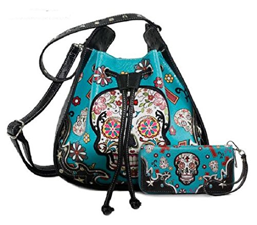 Western Sugar Skull Hobo Shoulder Bag with Drawstring Closure and Matching Wallet, Removable Crossbody Strap