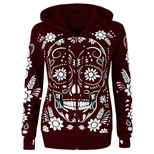 Women Hoodies Zip Up Tops Fashion Skull Flowers