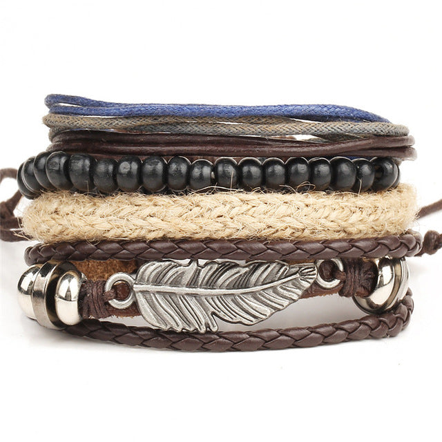 New Fashion Bead Leather Bracelets & bangles for Women 3/4 pcs 1 Set Multilayer Wristband Bracelet Men Pulseiras