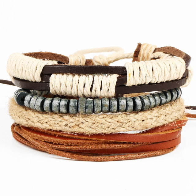 New Fashion Bead Leather Bracelets & bangles for Women 3/4 pcs 1 Set Multilayer Wristband Bracelet Men Pulseiras