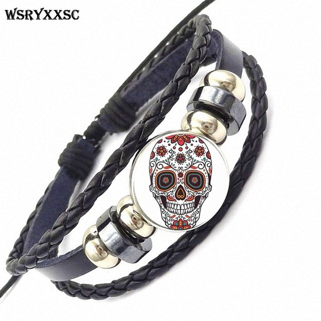 Sugar Skull For Women Girls Handmade New Brand Jewelry With Glass Caochon Black Leather Bracelet Bangle