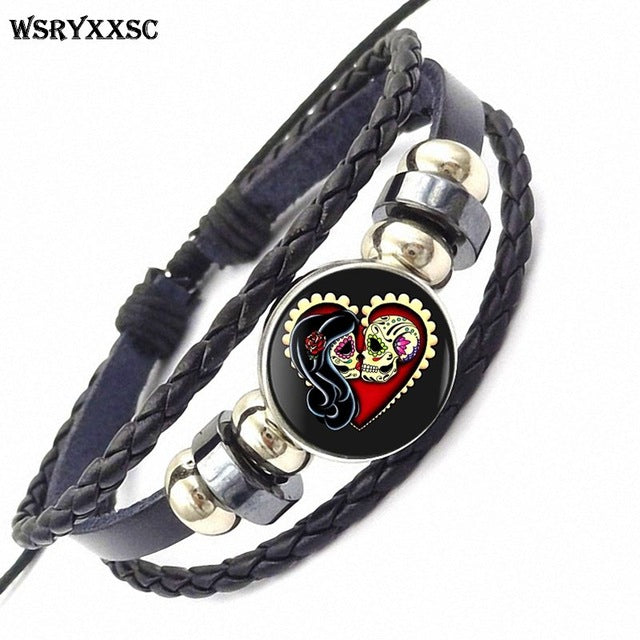 Sugar Skull For Women Girls Handmade New Brand Jewelry With Glass Caochon Black Leather Bracelet Bangle