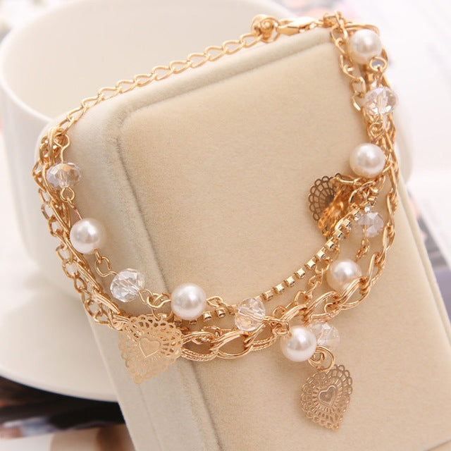 Gold Color Multilayer Beaded Pendant Bracelets and Bangles Fashion Women Heart Butterfly Charm Bracelet Jewelry Accessories