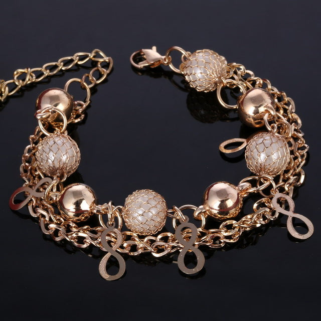 Gold Color Multilayer Beaded Pendant Bracelets and Bangles Fashion Women Heart Butterfly Charm Bracelet Jewelry Accessories