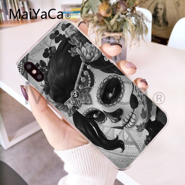 Funny Sugar Skull Girl Tattoo Transparent Shell Phone Case For iphone