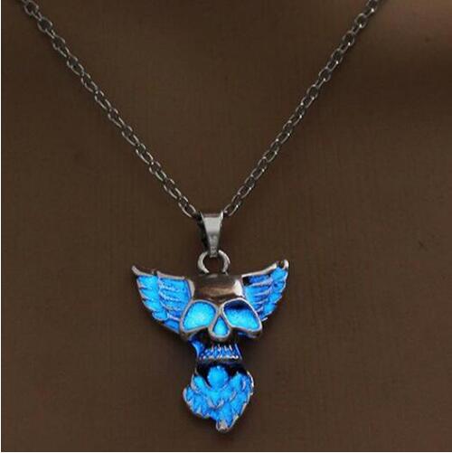 Heart Wing Punk Luminous Skull Pendant Necklace GLOW in the DARK Skull