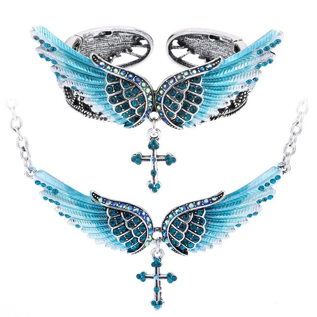 Angel wing cross necklace bracelet sets women biker jewelry birthday gifts women her girlfriend wife mom