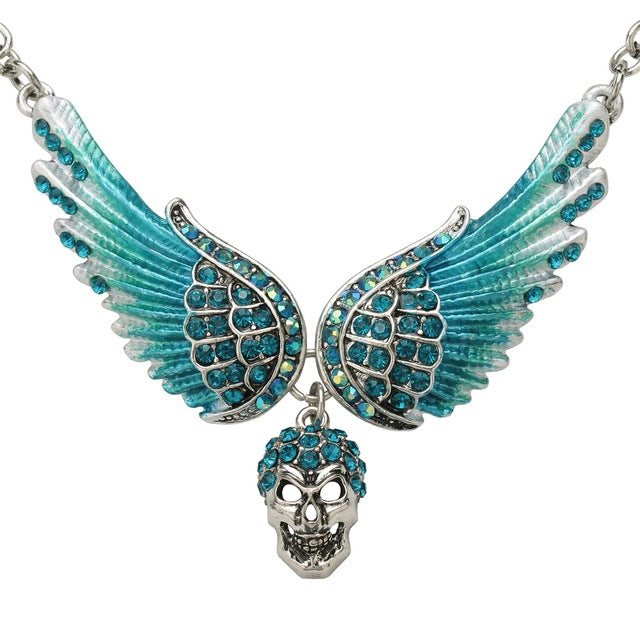 Angel Wings Skull Choker Necklace Guardian Biker Crystal Goth Jewelry Gift for Women Silver Color (18+2)"