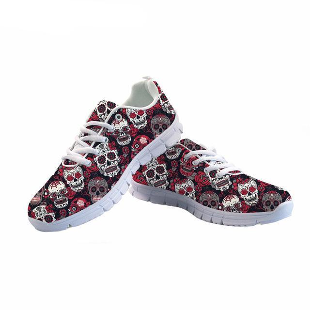Sugar Skulls Printing Women Lace Up Flat Shoes Summer Mesh Breathable