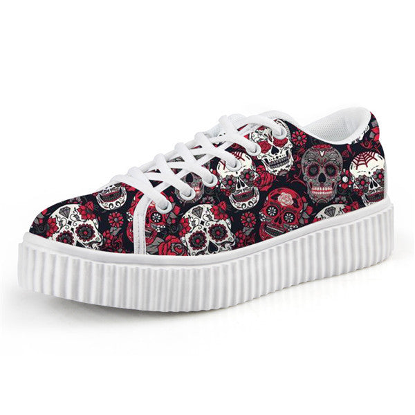 Trendy Sugar Skull Print Women Flats Platform Shoes Fashion Lace Up