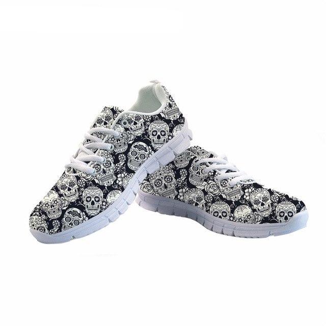 Sugar Skulls Printing Women Lace Up Flat Shoes Summer Mesh Breathable