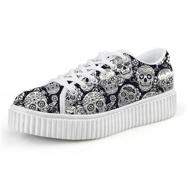 Trendy Sugar Skull Print Women Flats Platform Shoes Fashion Lace Up
