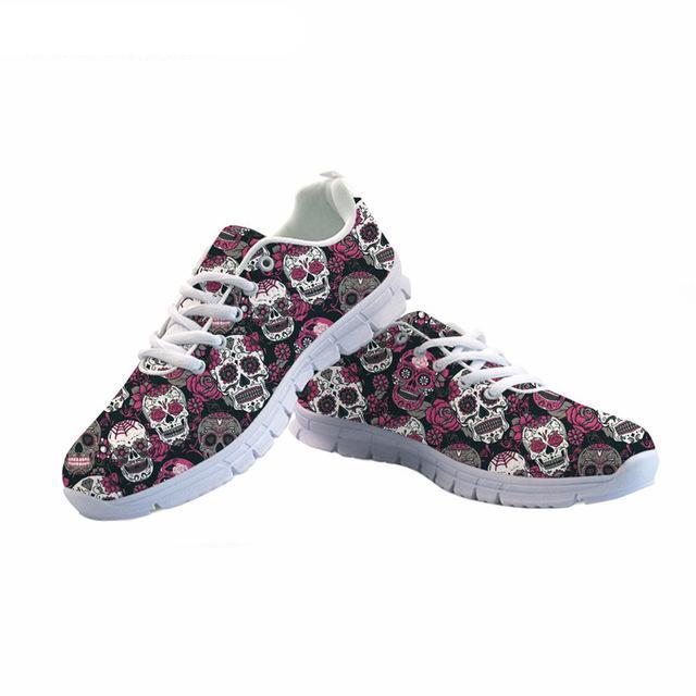 Sugar Skulls Printing Women Lace Up Flat Shoes Summer Mesh Breathable