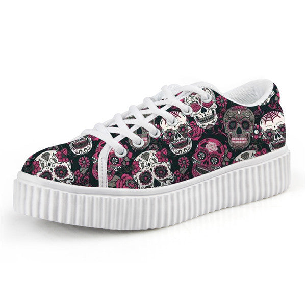 Trendy Sugar Skull Print Women Flats Platform Shoes Fashion Lace Up