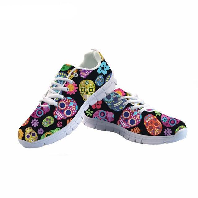 Sugar Skulls Printing Women Lace Up Flat Shoes Summer Mesh Breathable