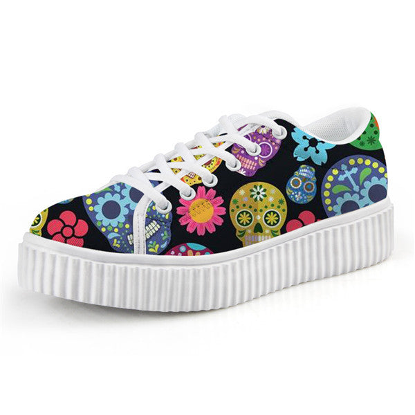 Trendy Sugar Skull Print Women Flats Platform Shoes Fashion Lace Up