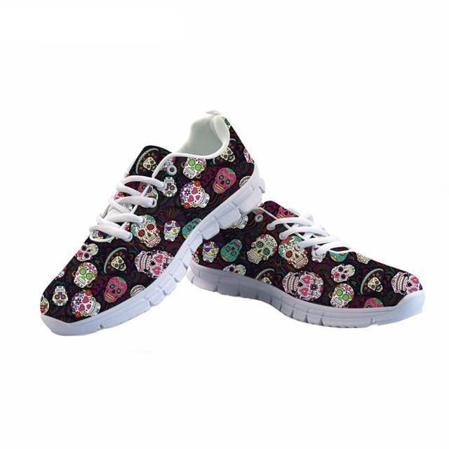 Sugar Skulls Printing Women Lace Up Flat Shoes Summer Mesh Breathable