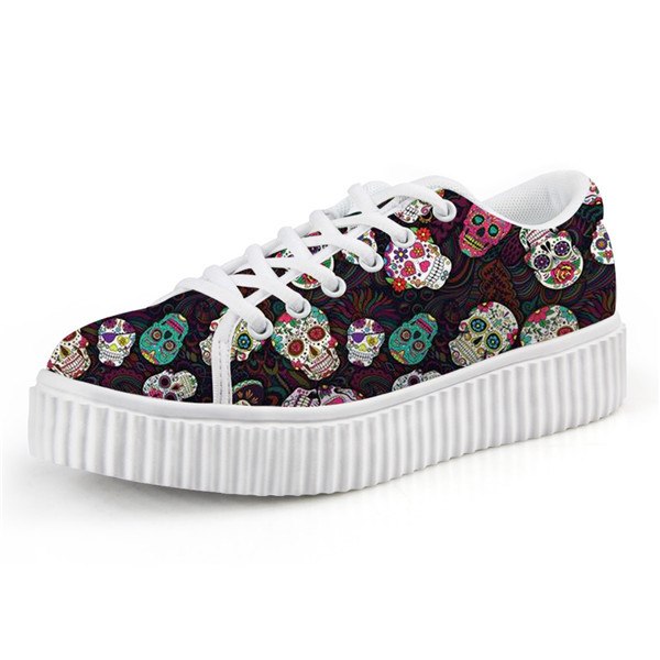 Trendy Sugar Skull Print Women Flats Platform Shoes Fashion Lace Up