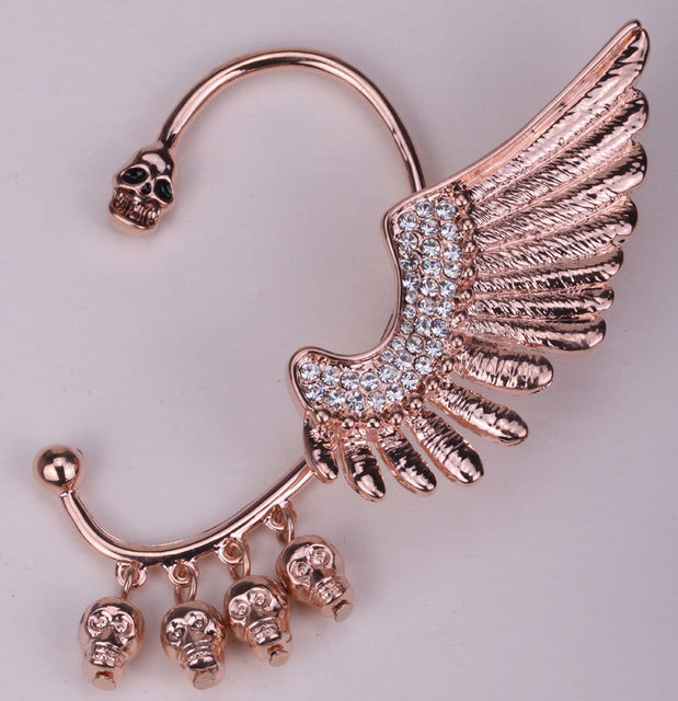 Left ear clip cuff earrings Wing skull hiphop jewelry for women W crystal antique gold silver color