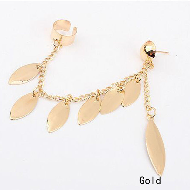 New Fashion Women Girl Punk Rock Leaf Chain Tassel Dangle Cuff Earrings Charms Metallic Wrap Ear Cuff Earrings