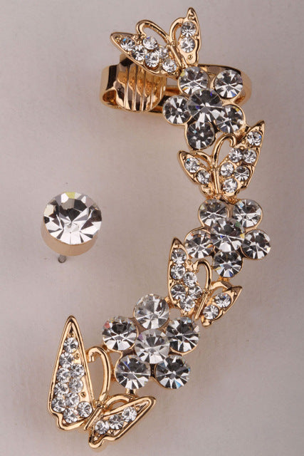 Butterfly left ear cuff wrap clip earrings gold silver color australian crystal jewelry for women
