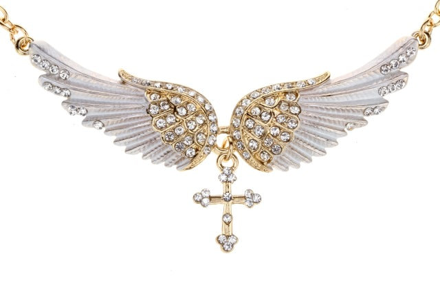 Angel Wing Cross Choker Necklace Guardian Women Biker Crystal Jewelry Gifts