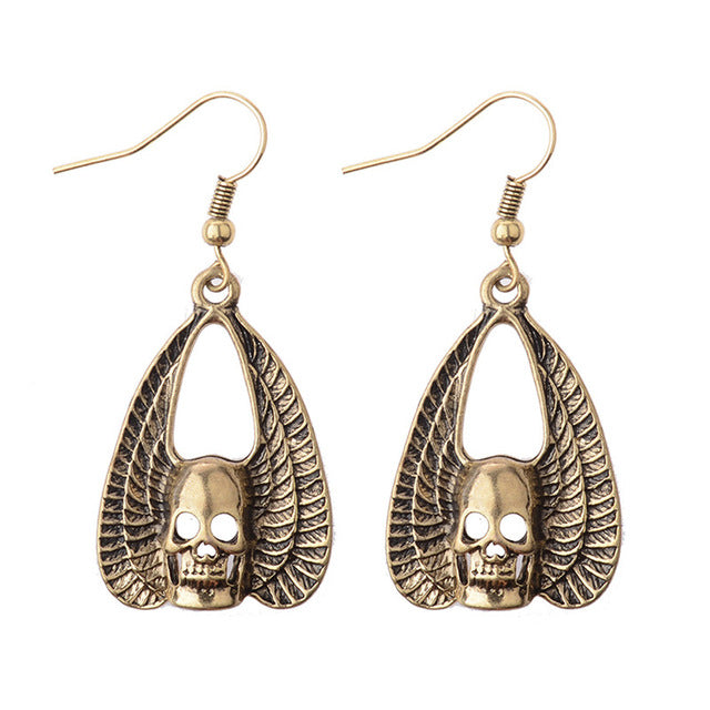 New Arrival Golden Skull Earrings Wing Punk Style Women Awesome Skeleton Dangle Earrings Skull Earrings