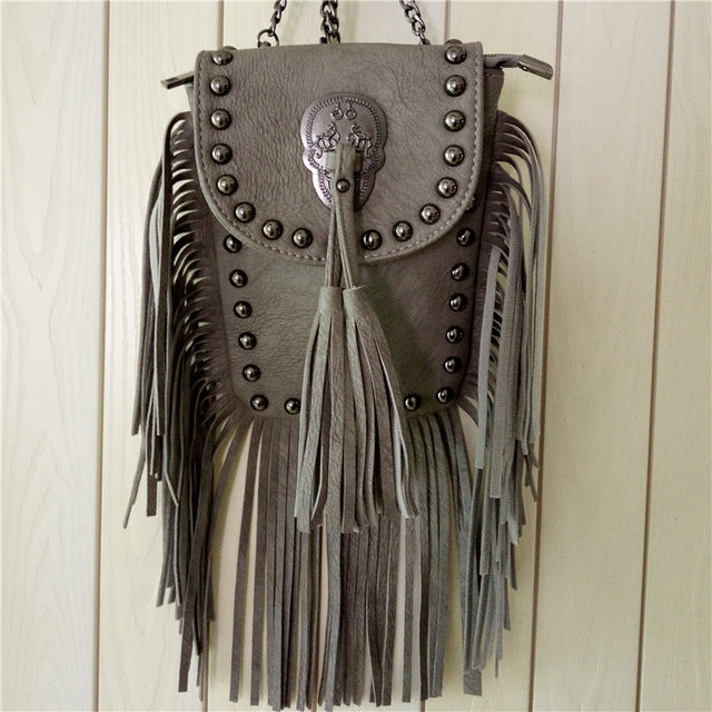 women black tassel bag classic flap bag PU leather small shoulder crossbody bags for women Rivets Skull clutch handbag