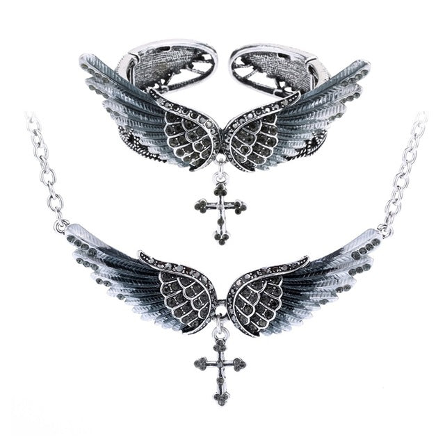 Angel wing cross necklace bracelet sets women biker jewelry birthday gifts women her girlfriend wife mom