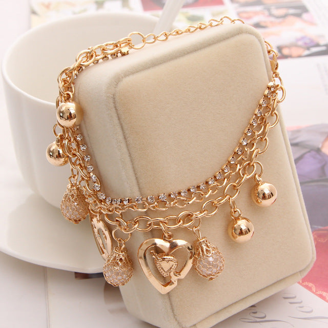 Gold Color Multilayer Beaded Pendant Bracelets and Bangles Fashion Women Heart Butterfly Charm Bracelet Jewelry Accessories