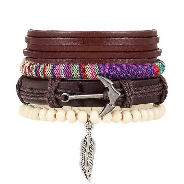 New Fashion Bead Leather Bracelets & bangles for Women 3/4 pcs 1 Set Multilayer Wristband Bracelet Men Pulseiras