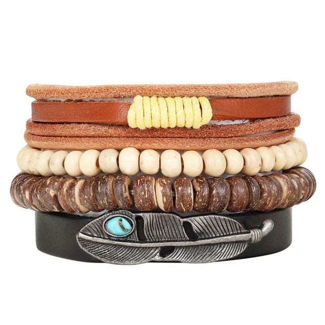 New Fashion Bead Leather Bracelets & bangles for Women 3/4 pcs 1 Set Multilayer Wristband Bracelet Men Pulseiras