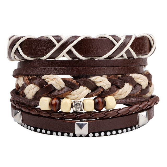 New Fashion Bead Leather Bracelets & bangles for Women 3/4 pcs 1 Set Multilayer Wristband Bracelet Men Pulseiras