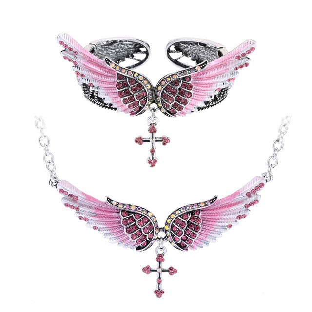 Angel wing cross necklace bracelet sets women biker jewelry birthday gifts women her girlfriend wife mom