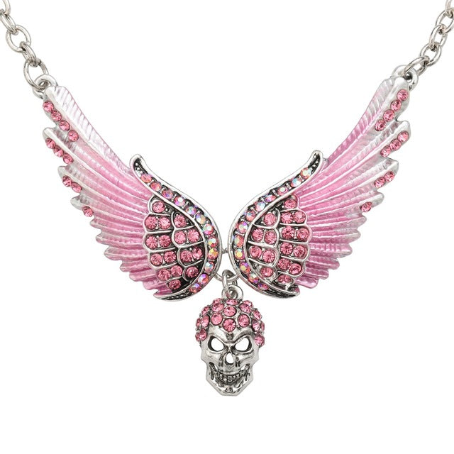 Angel Wings Skull Choker Necklace Guardian Biker Crystal Goth Jewelry Gift for Women Silver Color (18+2)"