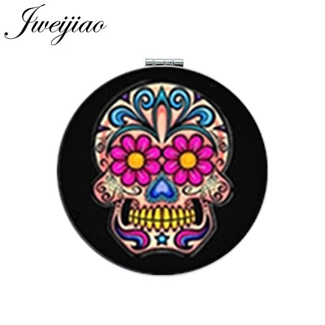 Rose Flower Sugar Skull Round Makeup Mirror Mini