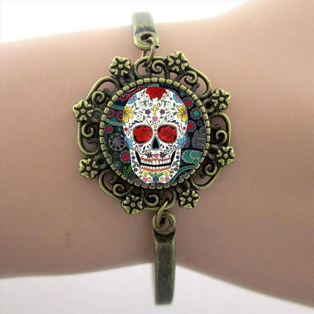 Sugar Skull Bracelets Skeleton Glass Gem Lace Charm Jewelry