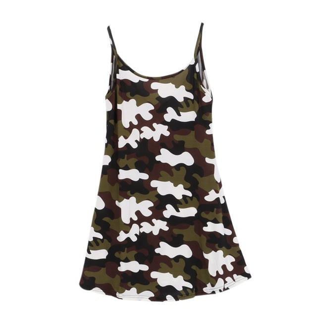 Women Summer Sleeveless Mini Dresses Plaid Skull Print Camouflage Ladies Sexy Sling Short Dress