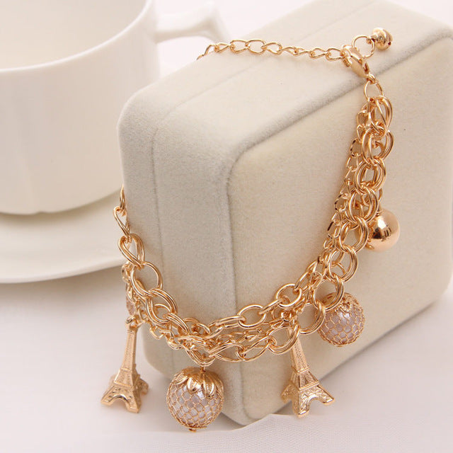 Gold Color Multilayer Beaded Pendant Bracelets and Bangles Fashion Women Heart Butterfly Charm Bracelet Jewelry Accessories