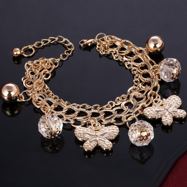Gold Color Multilayer Beaded Pendant Bracelets and Bangles Fashion Women Heart Butterfly Charm Bracelet Jewelry Accessories
