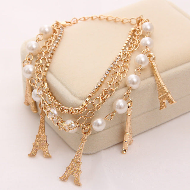 Gold Color Multilayer Beaded Pendant Bracelets and Bangles Fashion Women Heart Butterfly Charm Bracelet Jewelry Accessories