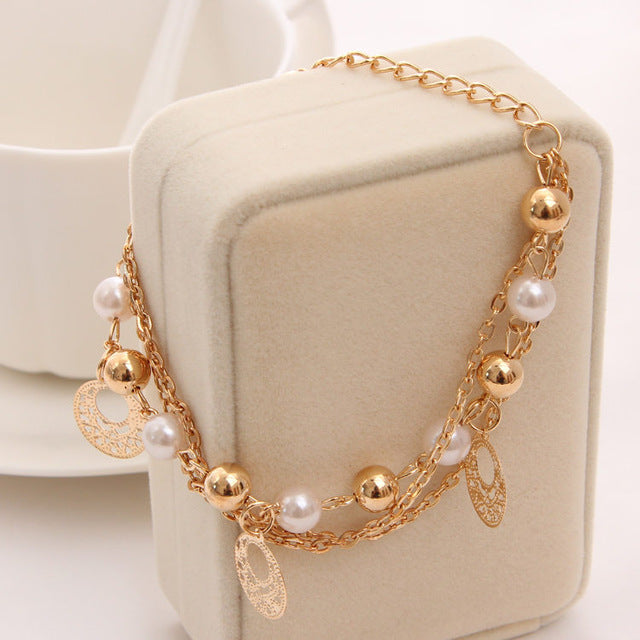 Gold Color Multilayer Beaded Pendant Bracelets and Bangles Fashion Women Heart Butterfly Charm Bracelet Jewelry Accessories