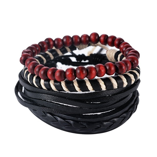 1Set (3-4PCs) Leather Bracelet Men Multilayer Bead Bracelet Punk Wrap Bracelets for Women Vintage punk Men Jewelry