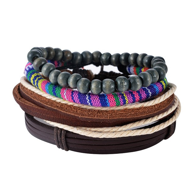 1Set (3-4PCs) Leather Bracelet Men Multilayer Bead Bracelet Punk Wrap Bracelets for Women Vintage punk Men Jewelry