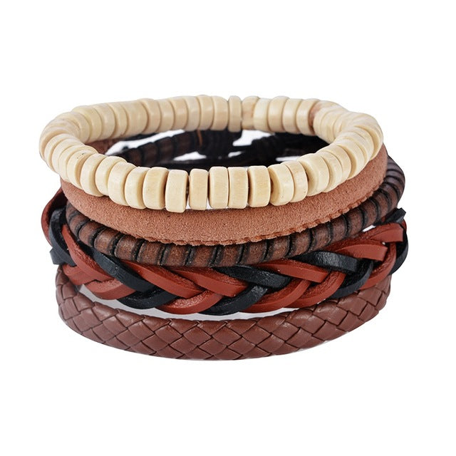 1Set (3-4PCs) Leather Bracelet Men Multilayer Bead Bracelet Punk Wrap Bracelets for Women Vintage punk Men Jewelry