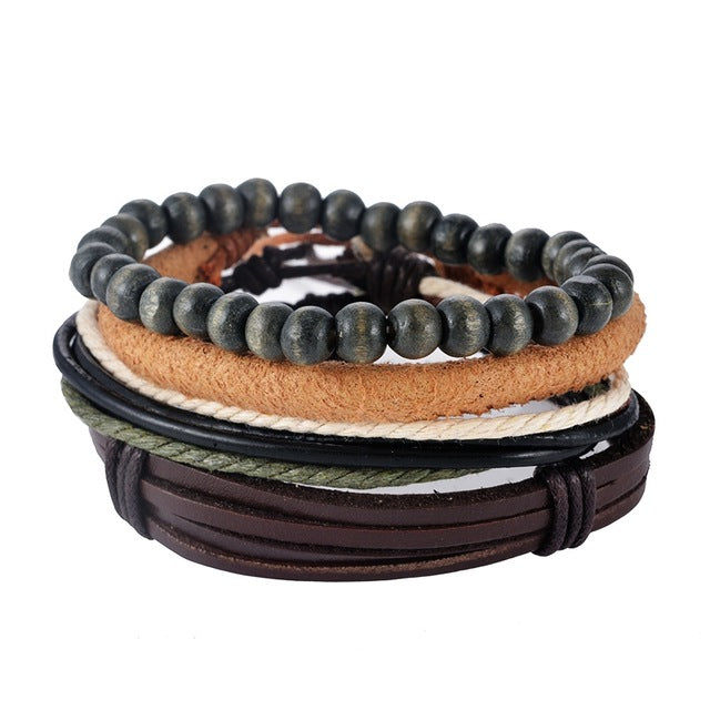1Set (3-4PCs) Leather Bracelet Men Multilayer Bead Bracelet Punk Wrap Bracelets for Women Vintage punk Men Jewelry