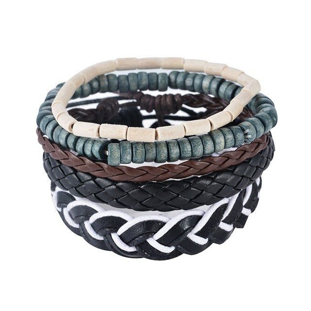 1Set (3-4PCs) Leather Bracelet Men Multilayer Bead Bracelet Punk Wrap Bracelets for Women Vintage punk Men Jewelry